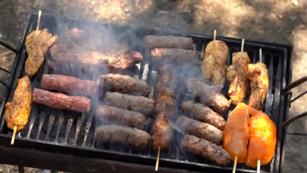 그릴에 맛있는 고기와 바베큐 그릴에 로스팅 그릴에 고기의 바베큐 그릴에서 — 비디오