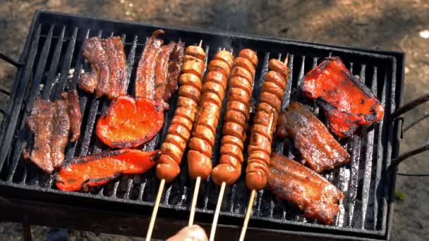 Salsicha Cachorro Quente Grelhado Bacon Pimentas Vermelhas Sobre Carvão Churrasco — Vídeo de Stock