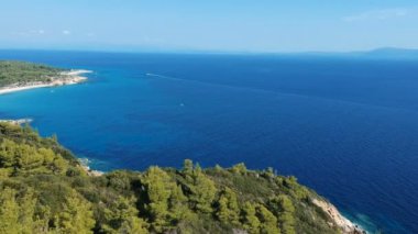 Çam Ormanı ve Derin Mavi Deniz Suyu ile Akdeniz Sahili. Mavi Su Sahil Hattı Havadan Görünümü, Sithonia Yarımadası, Halkidiki, Yunanistan. Drone Mavi Deniz Arka Plan ile Çam Ağaçları Üzerinde Azalan.