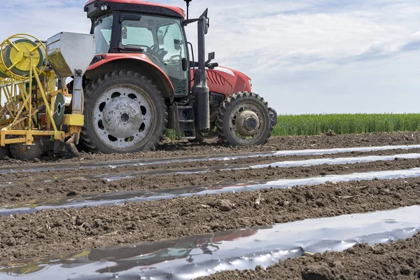 Traktor mit Anbaugerät legt Kunststoff-Mulchbeet auf Ackerland — Stockfoto