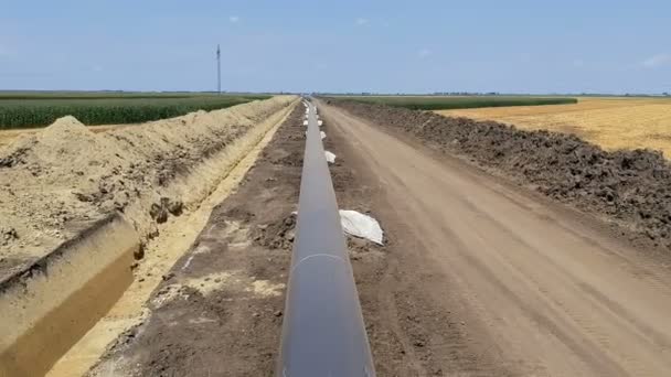 Flying Low Oil Gas Pipeline Construction Site Las Tuberías Colocan — Vídeos de Stock