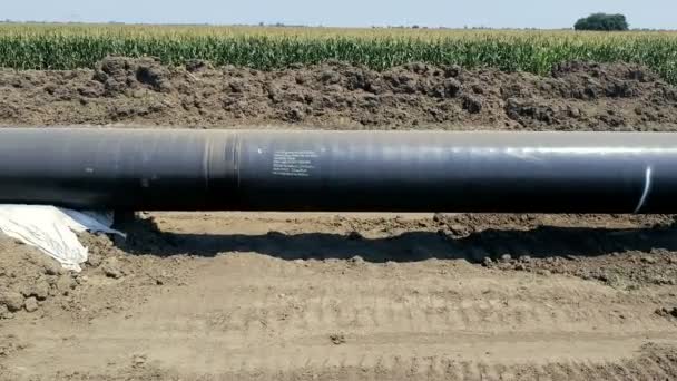 Oil Gas Pipeline Aerial Drone Panning Shot Pipes Laid Top — Stock Video