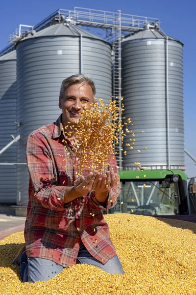 Удовлетворенный фермер бросает в воздух свежесобранные зерна кукурузы против зернохранилища — стоковое фото