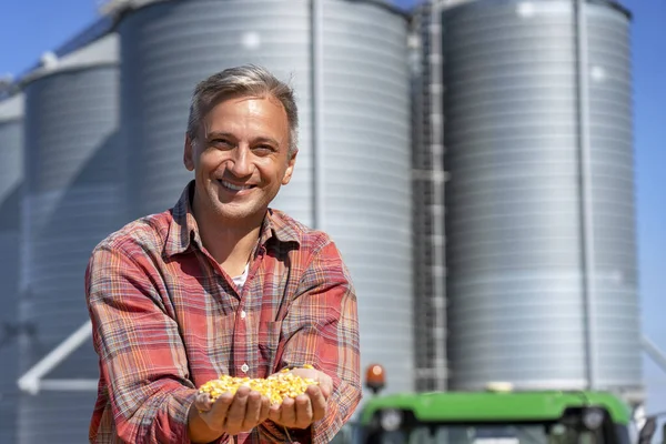 Fermier souriant montrant des grains de maïs fraîchement récoltés devant des bacs à grains agricoles — Photo