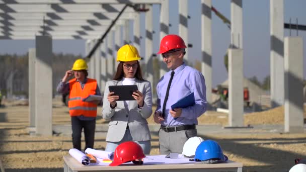 建筑工程师及建筑工地设有数码制表的女建筑师 项目小组中的两性平等 建造业硬汉小组谈建筑工地工程 — 图库视频影像