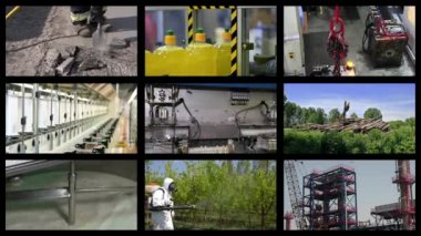 Sanayi Çoklu Ekran Kavramsal Video. Çalışan Farklı Mesleklerden İnsanları Gösteren Video Klipleri Kolajı. Profesyonel meslekler, iş yerindeki insanlar. Endüstriyel Medya Duvarı. Endüstriyel Kurgu.