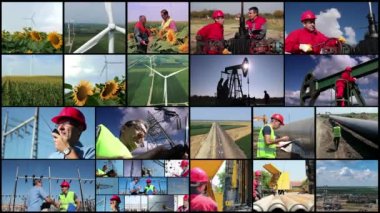 Elektrik Nesli Çoklu Ekran Kavramsal Videosu. Enerji, Elektrik Dağıtım Ekipmanı ve Farklı Mesleklerden Çalışan İşçilerin Kaynaklarını Sunan Video Klipleri Montajı.