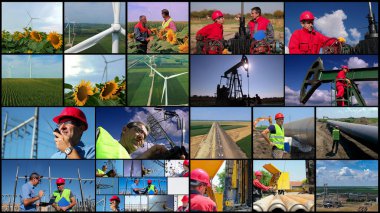 Birincil Enerji Kaynakları Fotoğraf Kolajı 'ndan elektrik enerjisi üretiliyor. Fotoğraf Kolajı Enerji Kaynaklarını Sunar, Elektrik Dağıtım Ekipmanı ve Çalışan Farklı Mesleklerin İşçileri.