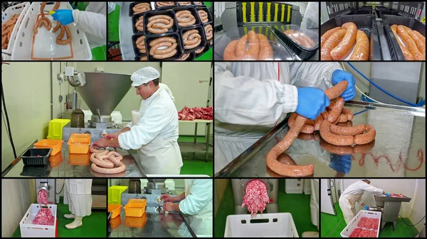 食肉加工工場 食肉加工作業の食肉工場労働者を示す写真のコラージュ 屠殺場でソーセージを作る肉屋 自動真空肉包装 改造された雰囲気でシール — ストック写真