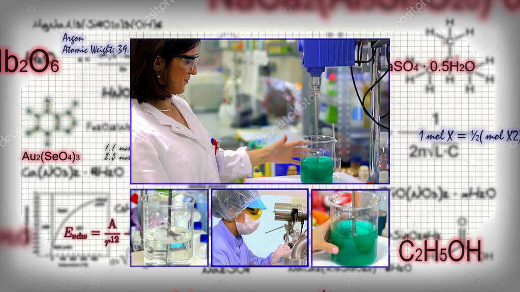 Laboratory Research - Scientific Background Photo Collage. Collage of Photographs Showing Researchers Working in a Laboratory Over Background with Chemical Formulas. Laboratory Testing.