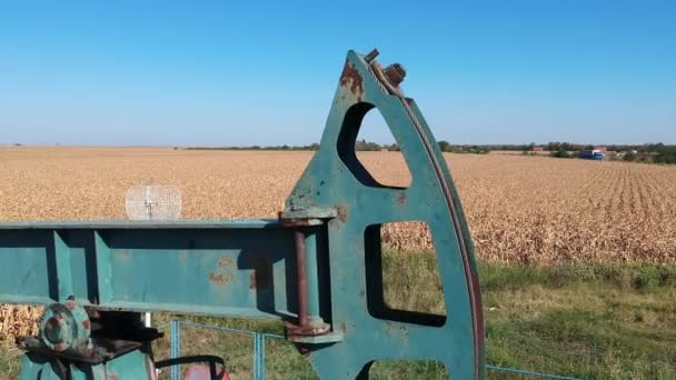 Pumpjack Oil Field Close Aerial View Extracting Crude Oil Oil — Stock Video