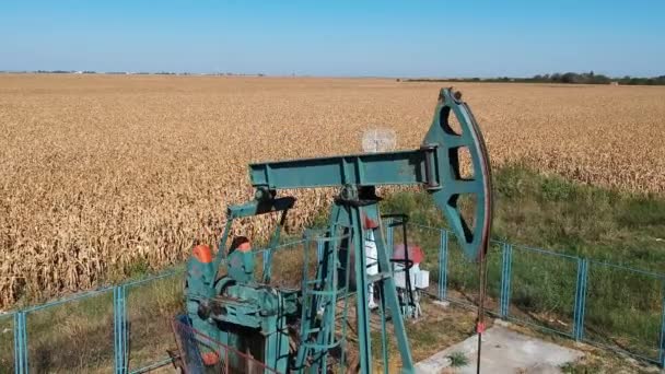 Aerial Drone View Pump Jack Oil Well Agricultural Landscape Pump — Stock Video