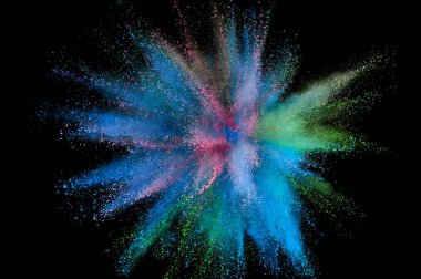 Renkli barut patlaması. Arka planda soyut yakın çekim tozu. Renkli bir patlama. Boya deliği