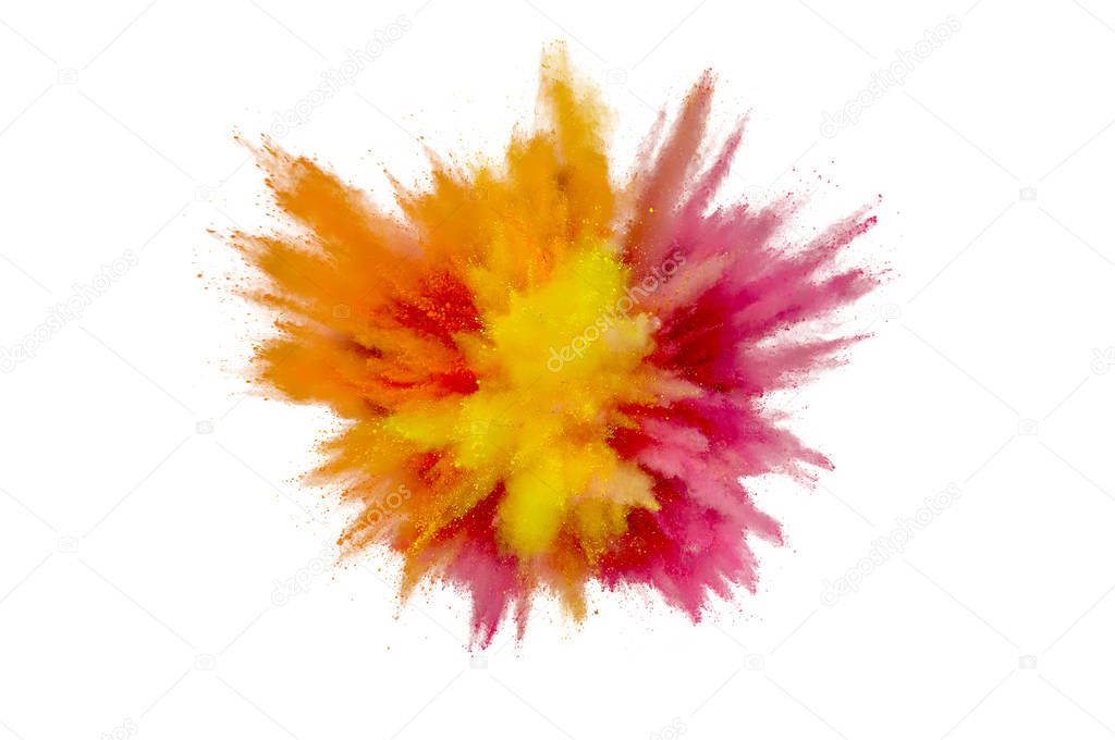Colored powder explosion on white backgroun