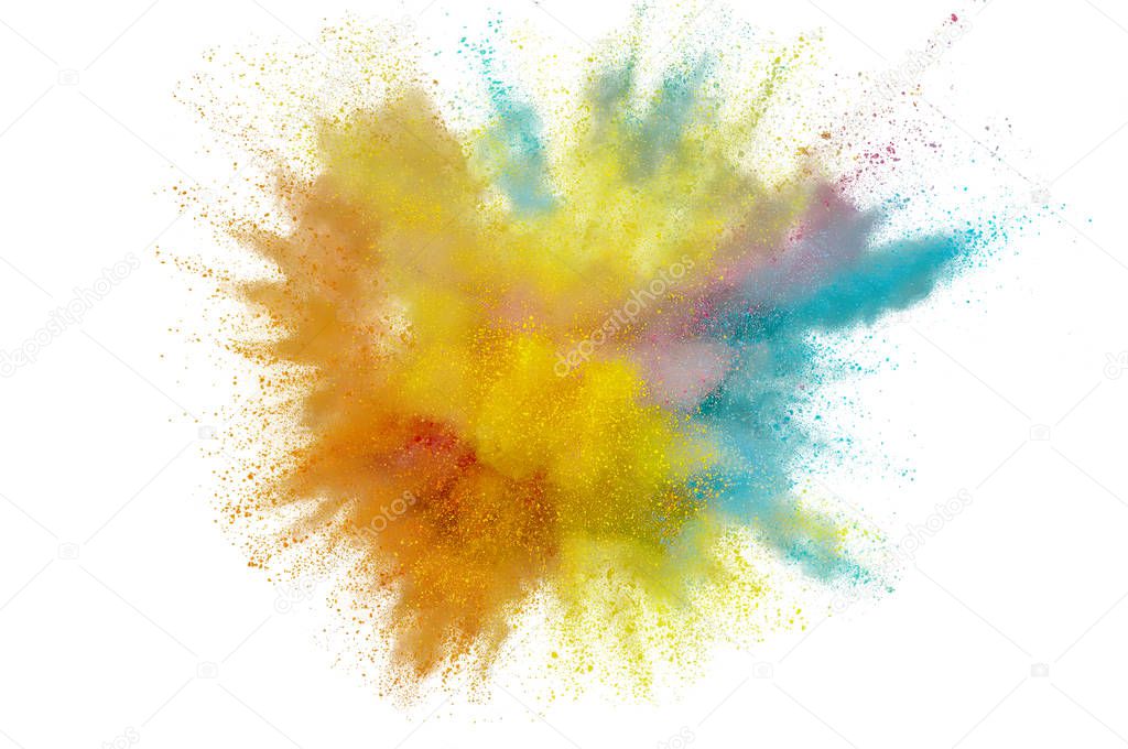 Colored powder explosion on white backgroun