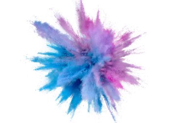 Beyaz arka planda renkli toz patlama. Soyut çekim d