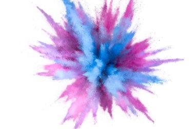 Beyaz arka planda renkli toz patlama. Soyut çekim d