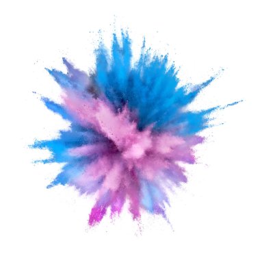 Beyaz arka planda renkli toz patlama. Soyut çekim d