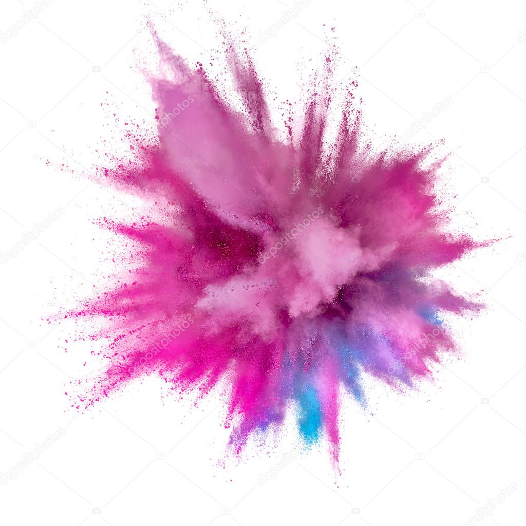 Colored powder explosion. Abstract closeup dust on backdrop. Col