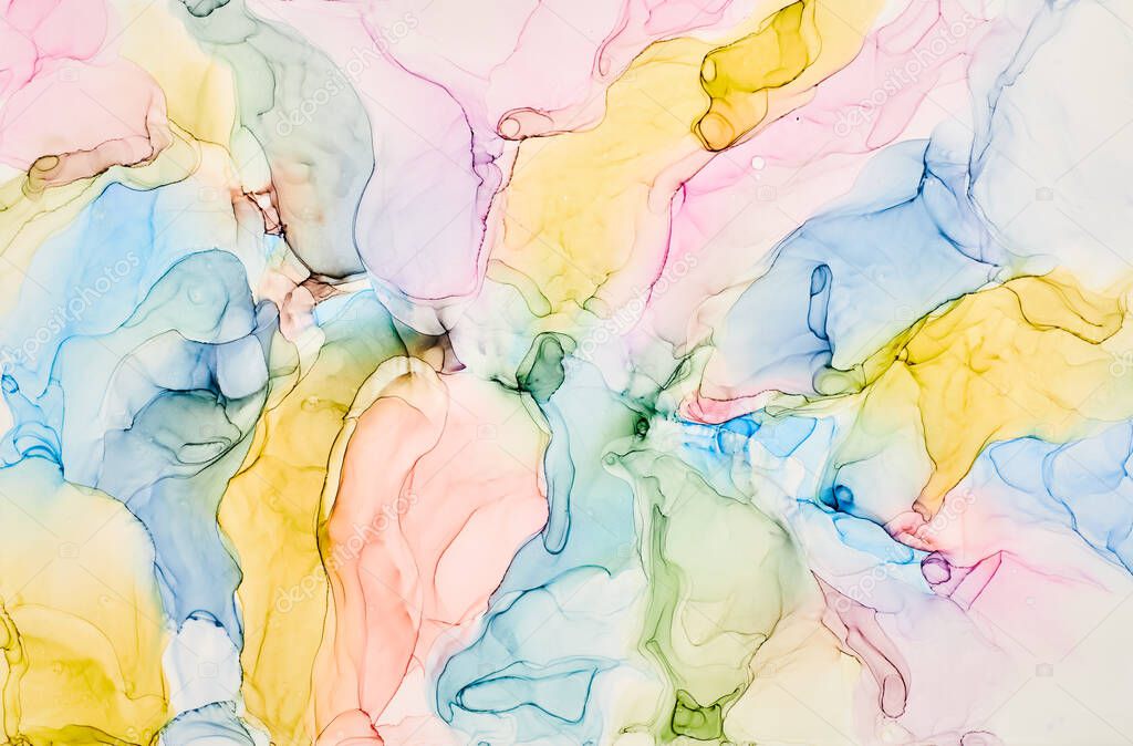 Alcohol ink colors translucent. Abstract multicolored marble texture background. Design wrapping paper, wallpaper. Mixing acrylic paints. Modern fluid art. Alcohol Ink Pattern