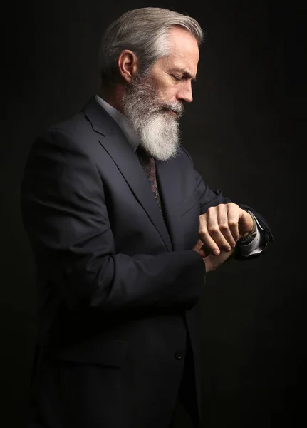 Close Senior Man Grey Hair Full Beard Wearing Suit Dark — Stock Photo, Image