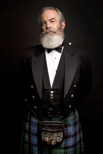 Close Senior Man Grey Hair Full Beard Wearing Scotting Kilt — Stock Photo, Image