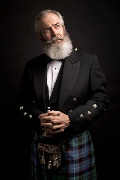 Close Senior Man Grey Hair Full Beard Wearing Scotting Kilt — Stock Photo, Image