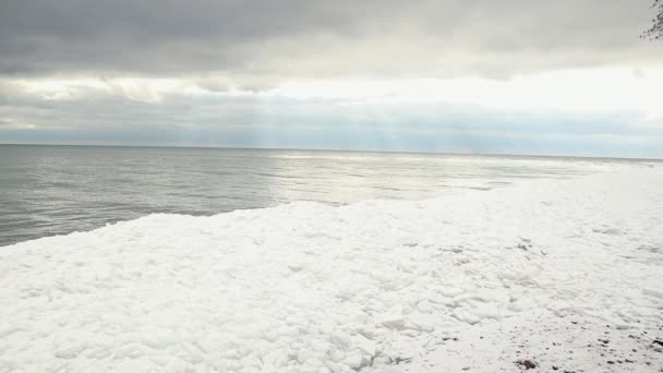 Красивая Зимняя Сцена Замерзшего Пляжа Открытом Воздухе — стоковое видео