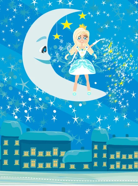 Hada Magia Luna Noche — Vector de stock