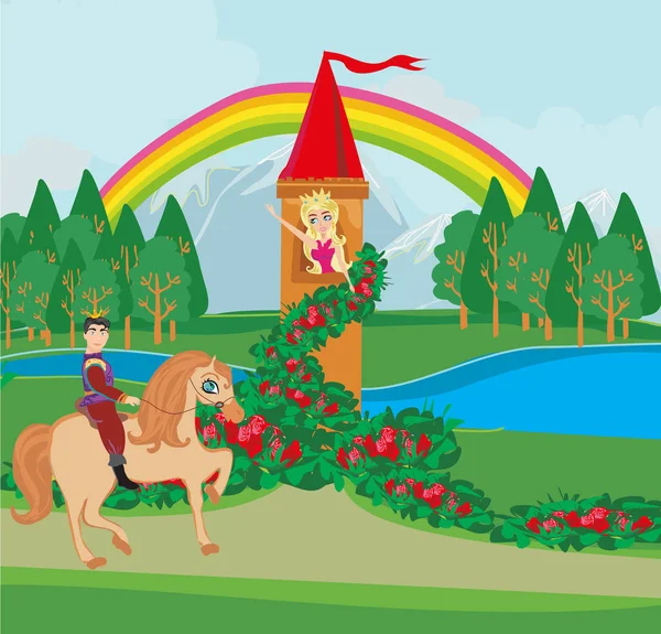 Landscape Fairytale Tower Prince Horse — Stock Vector
