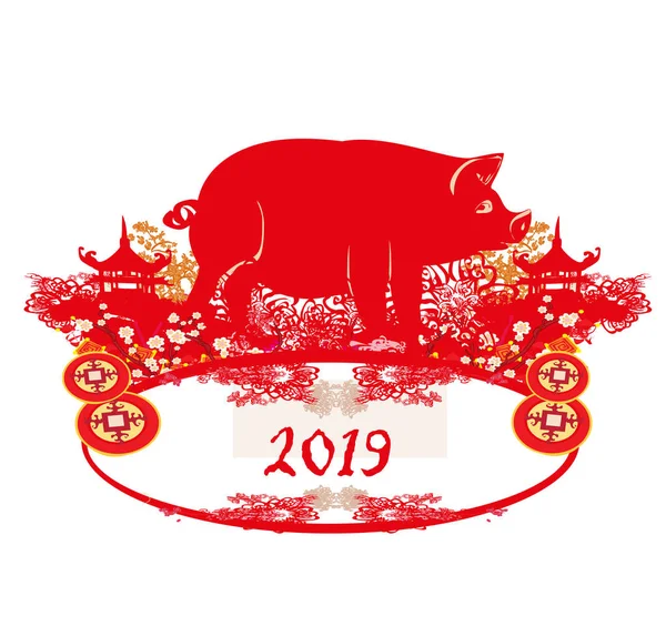快乐中国新年2019横幅 猪的年 — 图库矢量图片