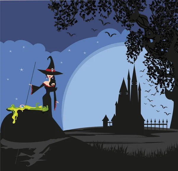 Wiedźma Halloween Przygotowuje Eliksir — Wektor stockowy