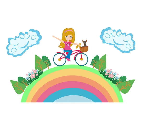 Cute Happy Girl Riding Bike — Stock Vector