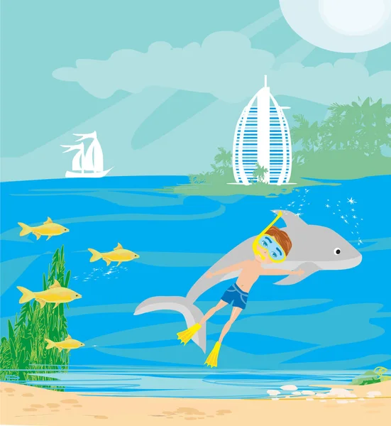 男孩与海豚水下潜水 — 图库矢量图片