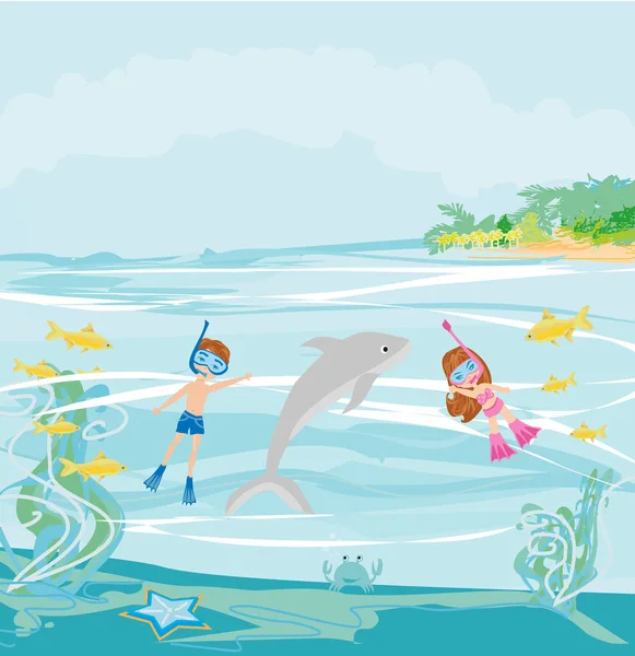 Flicka Och Pojke Dykning Med Delfin — Stock vektor