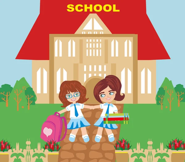 Glückliche Mädchen Gehen Zur Schule — Stockvektor