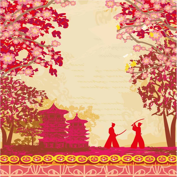 Japonais Samouraï Combattants Silhouette Sur Asiatique Paysage — Image vectorielle