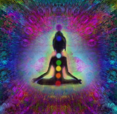 Yoga nilüfer pozu. Renkli çakra noktalı Padmasana.