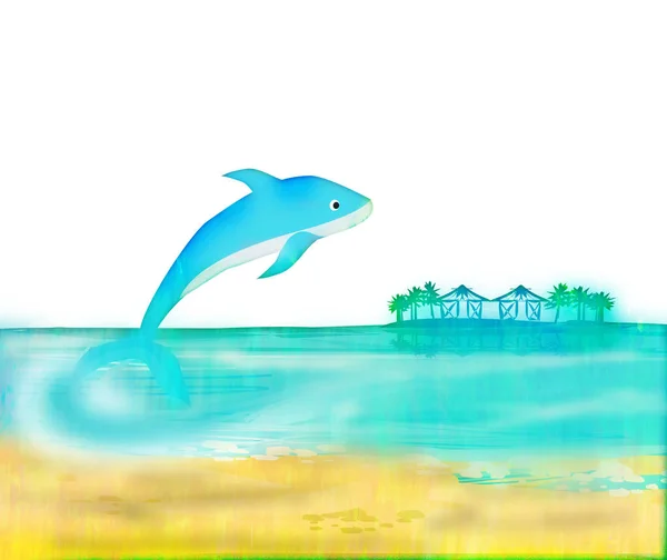 Tropisch Eiland Paradijs Met Springende Dolfijn — Stockfoto