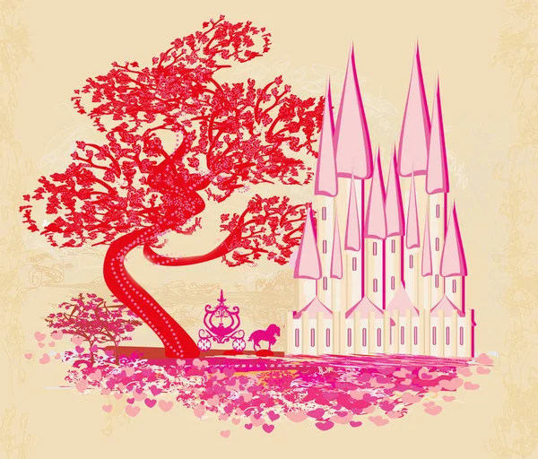 马车和中世纪城堡粉红色卡片 — 图库矢量图片