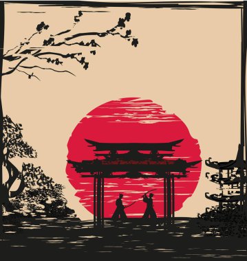 Japon samuray savaşçıları siluet Asya peyzaj üzerinde