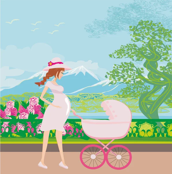 Beautiful Pregnant Woman Pushing Stroller Her Daughter — Stock Vector