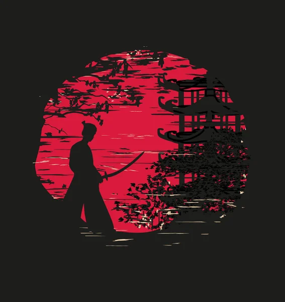 Silhouette Combattant Samouraï Japonais — Image vectorielle