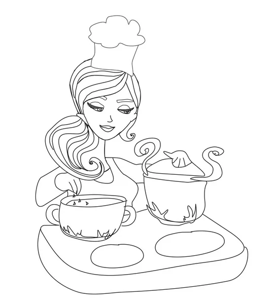 Soupe Cuisine Femme Foyer Illustration Doodle — Image vectorielle