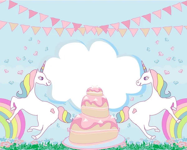 Carta Con Simpatico Unicorni Torta Compleanno — Vettoriale Stock
