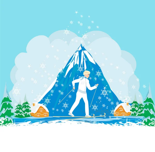 Homem Esquiando Dia Inverno — Vetor de Stock