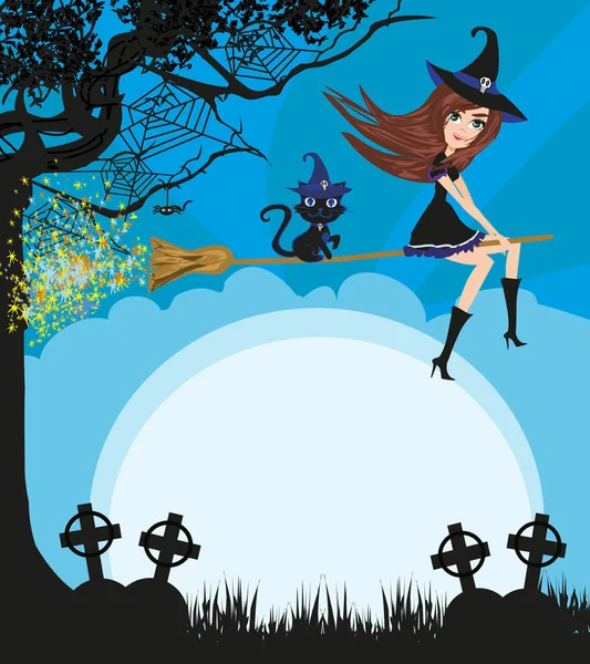 女巫在月光下的扫帚上飞翔 — 图库矢量图片
