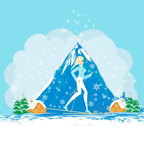 Menina Esqui Dia Inverno — Vetor de Stock
