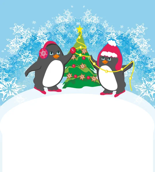 Pinguini Amuzante Decorarea Copac Crăciun — Vector de stoc