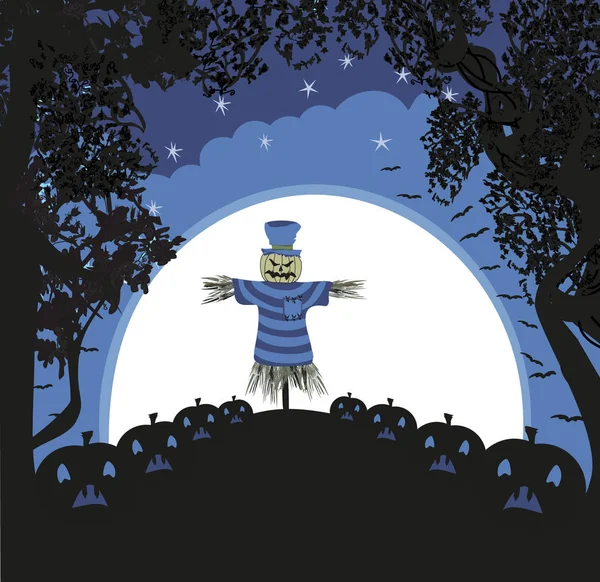 Pompoen Scarecrow Halloween Nacht — Stockvector